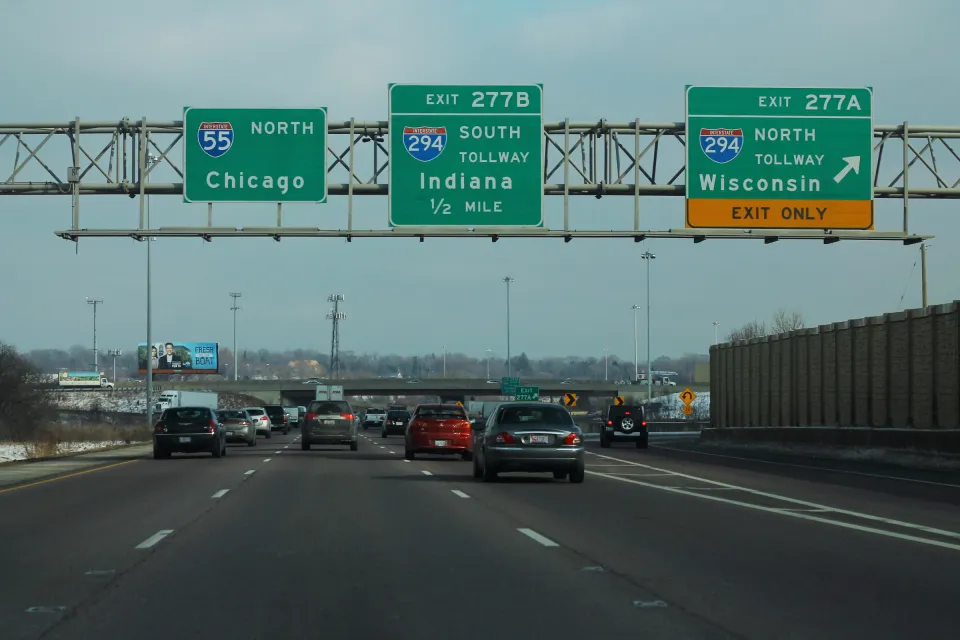 Interstate 55 with cars and green freeway signs in Chicago, Illinois
